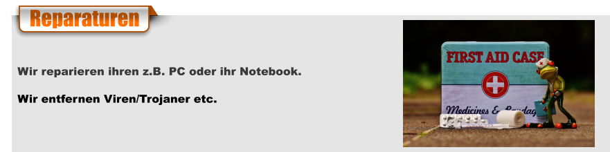 Reparaturen Wir reparieren ihren z.B. PC oder ihr Notebook. Wir entfernen Viren/Trojaner etc.