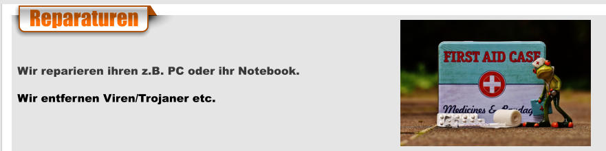 Reparaturen Wir reparieren ihren z.B. PC oder ihr Notebook. Wir entfernen Viren/Trojaner etc.